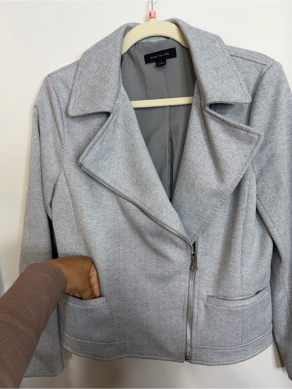 Ann Taylor Herringbone Moto Jacket Gray Asymmetrical Zip Size S - Picture 6 of 10